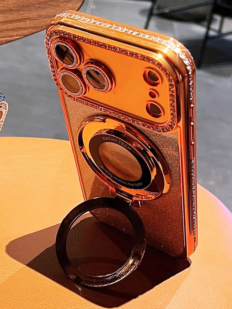 Funda de teléfono con soporte de anillo de cámara de lujo con brillo, lentejuelas degradadas y cristales, compatible con iPhone 17 Pro Max, Air 16, 15, 14, 13, 12 Pro Max, Mini para niñas y mujeres en naranja, plateado y rosa - Naranja - Añade 4