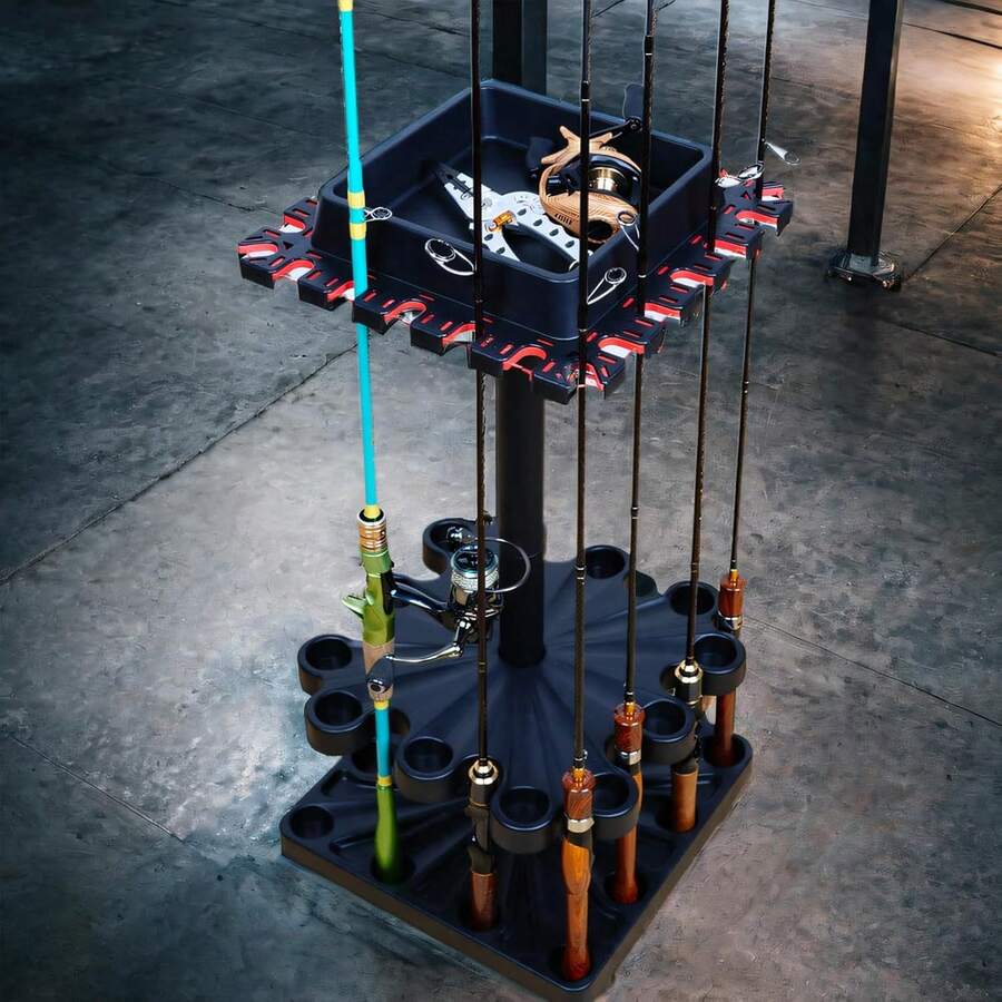 Freestanding Rotating Fishing Rod Rack – No-Drill Lure Rod Stand, Home Display Organizer, Tool-Free Assembly, Holds Up To 24 Rods, (With Rolling Wheels) - Holds Up to 24 Rods Without Rolling Wheels - View 1