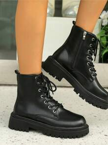 2024 Winter New Women Boots Thick Sole Leather Boots Women Shoes Lace-Up Ankle Boots British Style Boots Autumn/Winter Women Shoes - Black - View 1