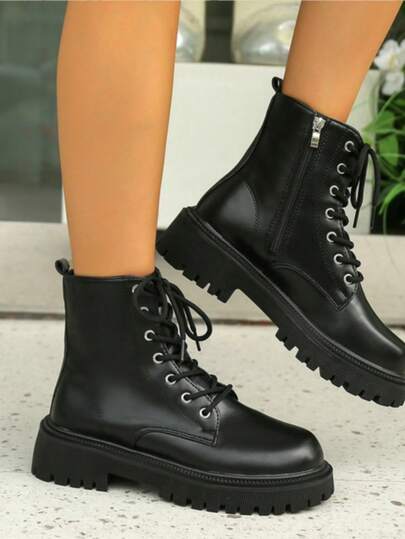 2024 Winter New Women Boots Thick Sole Leather Boots Women Shoes Lace-Up Ankle Boots British Style Boots Autumn/Winter Women Shoes