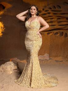 大码女士亮片吊带美人鱼晚礼服，适合正式晚宴、黑领结活动、婚礼招待会、慈善晚会等场合。 - 香檳色 - 查看 6
