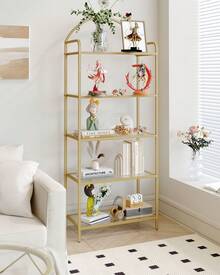 Bookcase Bookshelf, Tempered Glass Bookshelves, Slim Shelving Unit For Bedroom, Bathroom, Home Office, Steel Frame, 5 Tier Gold/6 Tier Gold - 金色 - 查看 1