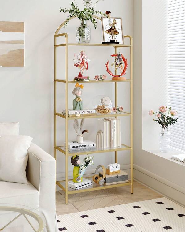 HEXCELEN Bookcase Bookshelf, Tempered Glass Bookshelves, Slim Shelving Unit For Bedroom, Bathroom, Home Office, Steel Frame, 5 Tier Gold/6 Tier Gold