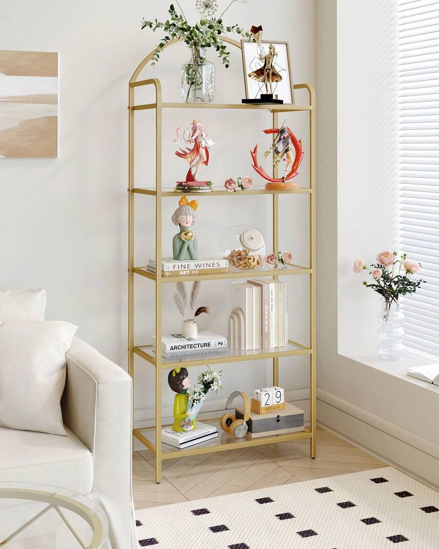 Bookcase Bookshelf, Tempered Glass Bookshelves, Slim Shelving Unit For Bedroom, Bathroom, Home Office, Steel Frame, 5 Tier Gold/6 Tier Gold - 金色 - 查看 1
