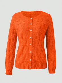 Áo khoác cardigan dài tay cổ tròn, màu xám trơn, cài cúc ngọc trai, kiểu dáng thanh lịch, phù hợp cho công sở, tiệc tùng và các dịp xã giao mùa thu | Thoải mái khi mặc - Màu Cam cháy - Xem 8