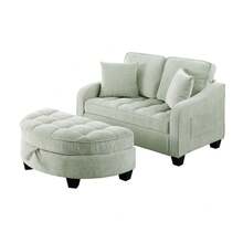 Two-Seater Sofa, Double Sofa Chaise Longue, With Irregular Armrests And Backrests, Footrest With Storage Space, Comes With Two Small Throw Pillows, Suitable For Living Room And Bedroom - Cyan - Màu xanh Bạc hà - Xem 10