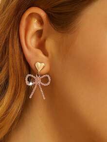 1 Pair Fashionable High-End Exquisite Minimalist Elegant Cute Pink Rhinestone Heart Shaped Dangle Earrings, Caring For Women's Health - Heart Rhinestone Ribbon Earrings - View 7