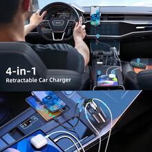 W&O 4-In-1 Retractable Car Charger, Fast Charging Car Charger, Dual USB Ports, Compatible With For Iphone And Type-C, PD And QC3.0, 180° Adjustable Base, Compatible With For Iphone 16/15/14/13/12/11 And Android Devices, Suitable For Car Charging, Car Accessories, Holiday Gift, SAN.COMO Fast Car Charger