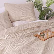 Soft Queen Size Quilt Set For All Seasons, 3-Piece Ultrasonic Geometric Bedding Set, Lightweight Reversible Bedspread, Coverlet, Bed Cover With 2 Pillow Shams, Yellow - Brich Beige - Xem 3