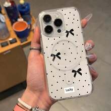 Funda magnética para phone 16, 15, 14, 13, 12 y 11 Pro. Diseño con un bonito lazo negro de lunares. Atractiva, fabricada en acrílico y compatible con carga inalámbrica. - transparente - Ver 2