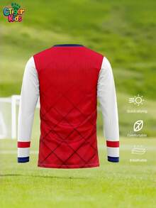 儿童定制长袖足球服 - 可印制姓名和号码（正面/背面） - 红色菱形图案，白色袖子 - 速干透气 - 适合足球、排球、篮球、休闲穿着，也是万圣节、感恩节、圣诞节和新年等节日的理想礼物
