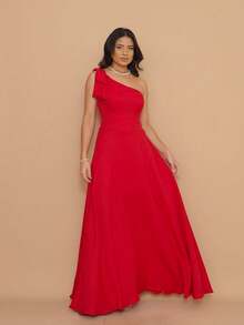 Helena Long Dress Luxury Plain Dune Linen With Bow One Shoulder - 紅色 - 查看 2