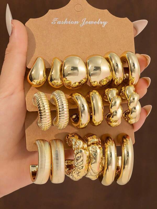 Set de 6/18 pendientes de tono dorado, 9 pares de pendientes de aro en forma de C minimalistas vintage, pendientes superpuestos, regalo para amigos y familia