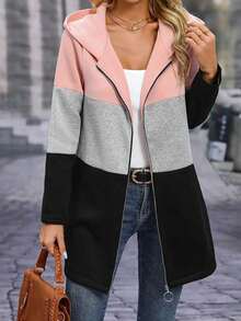 Women's Contrast Color Patchwork Zipper Hooded Casual Mid-Length Jacket, Suitable For Daily Wear, Autumn/Winter - Pink - View 3
