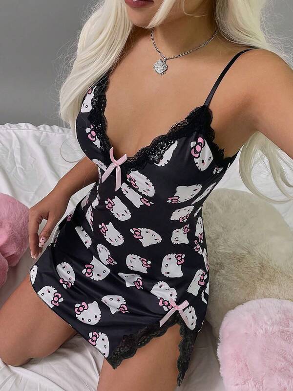 Sanrio 1 pieza Camisón sexy de mujer con cuello en V profundo, estampado de Hello Kitty y encaje contrastante con tanga