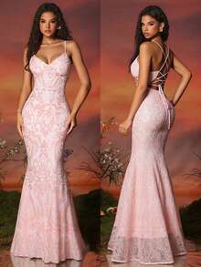 粉色亮片吊带 V 领高腰露背高开衩鸡尾酒会晚礼服，适合毕业典礼、晚宴