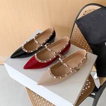 Sheepskin Red Pointed Toe Low Heel Single Shoes Spring And Autumn Internal Height Increase Shallow Mouth Rivet Shoes - Black (4.5 Cm) - View 2