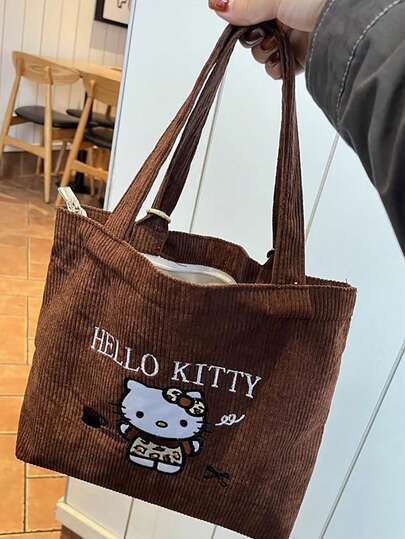 Sanrio Hello Kitty Embroidered Corduroy Tote Bag, Cute Cartoon Handheld Handbag For Women & Girls, Small Portable Shoulder Bag With Zipper For Daily Use, Shopping & Travel - Kawaii Fashion Accessory