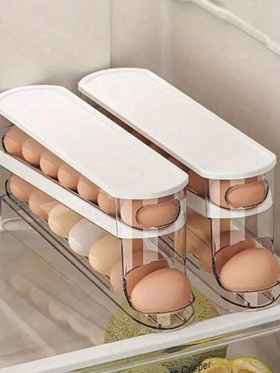 1 pieza Soporte automático de doble capa para huevos - Sostiene 12-14 huevos, diseño deslizante con bisagras mantiene los huevos frescos, material de plástico sin contacto con alimentos, accesorio de almacenamiento para refrigerador y cocina