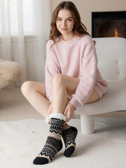 1/3 Pairs Thermal Lined Slipper Socks For Women, Warm Thick Non-Slip Mid-Calf Socks For Autumn/Winter