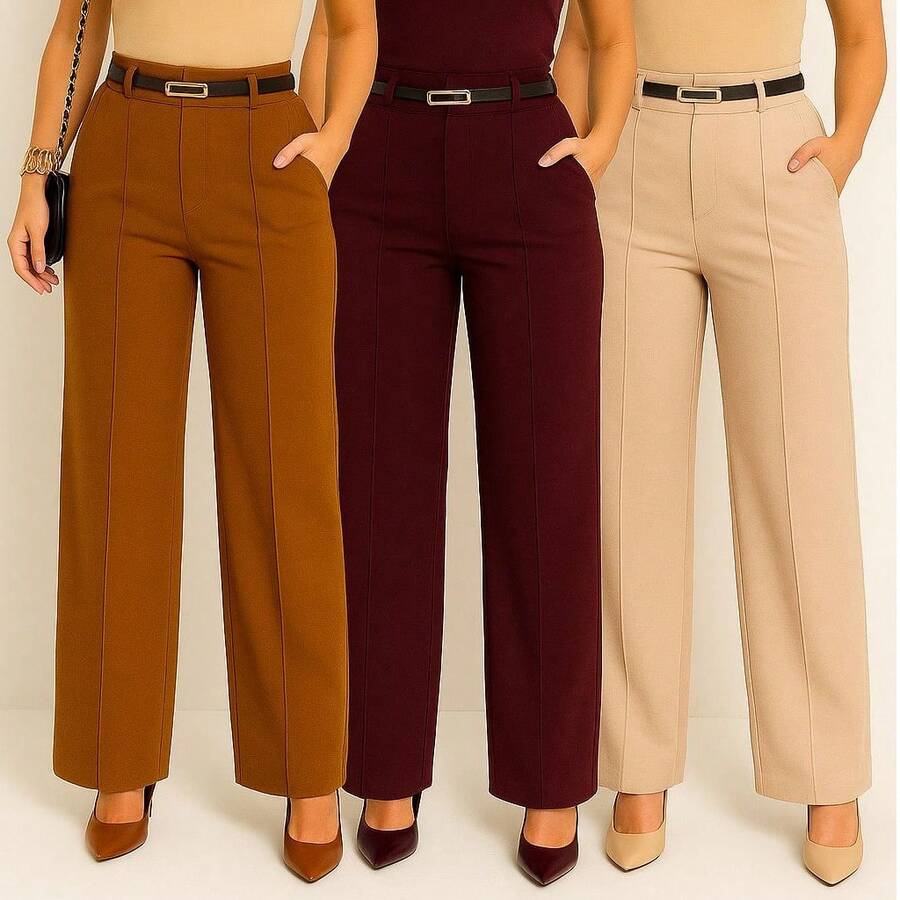 Kit 3 Women's Tailored Trousers With Belt - 焦糖色/酒紅色/米色 - 查看 1