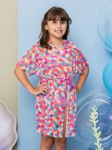 Biquíni Dupla Face + Vestido Saída De Praia Piscina Infantil Menina Verão Tule - Sereia Skin Color - Visão 4