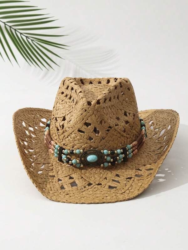 1 pieza Sombrero estilo vaquero/vaquera unisex con decoración de piedra turquesa y calado, sombrero de verano para playa, protección UV casual
