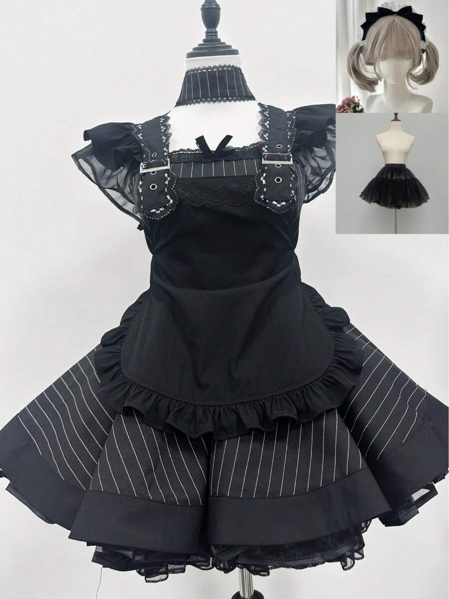 Vintage Black And White Striped Lolita Maid Costume Subculture Japanese Cute Apron Set Cosplay Dress - Bộ vest sọc đen + váy lót vải tuyn đen - Xem 1
