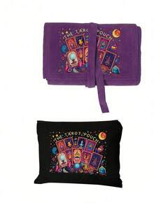 Velvet Tarot Card Storage Bag, Featuring Vibrant Cosmic Tarot Card Pattern, Dual-Tone Blue & Purple, Drawstring Closure, Soft Fabric Protective Case, Portable Card Holder, Suitable For Storing Tarot Cards And Small Items - Multicolor - View 17