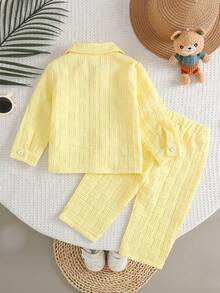 2pcs Baby Boy Street Fashion Textured Pocket Bear Embroidered Shirt And Pants Set - Yellow - View 2