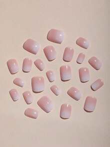 24pcs Glossy Gradient Pink & White Wearable Long Square Full Cover False Nails, Suitable For Women & Girls With 1pc Nail File And 1pc Jelly Gel Press On Nails Nail Supplies - 粉色 - 查看 3
