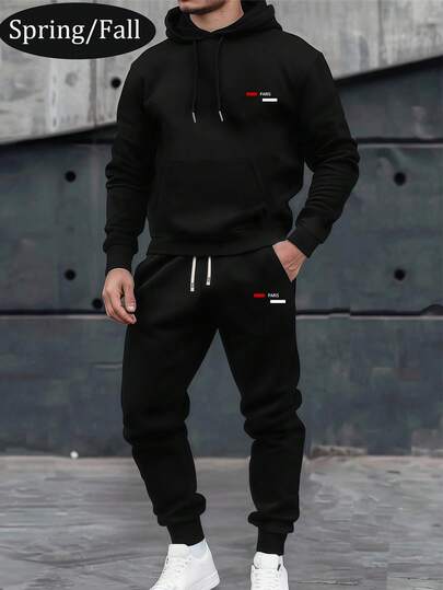 男士春秋季薄款巴黎字母印花连帽衫和裤子套装，时尚休闲运动服，带口袋和抽绳腰带，适合作为送给丈夫或男友的礼物