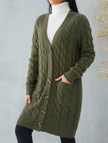 Female Cardigan, Solid Color Long Sleeve Sweater Knitted Coat With Pockets For Spring Fall, S/M/L - Army Green - View 3
