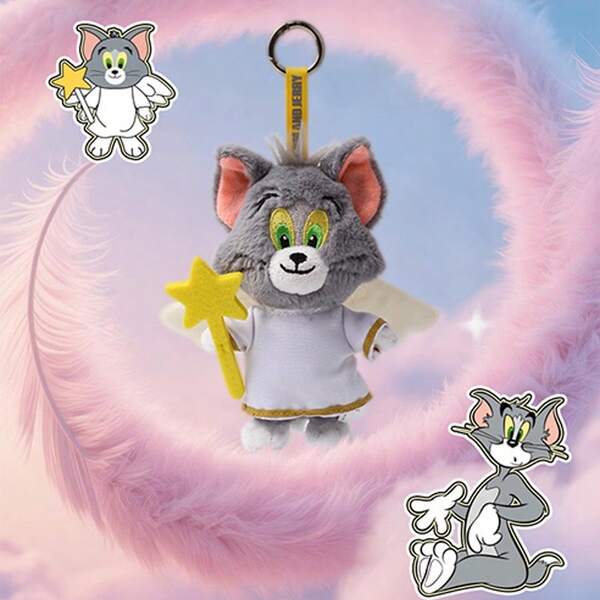Llaveros de peluche oficialmente con licencia de Tom y Jerry - Conjunto de Tom ángel y Jerry diablo, colgante de peluche lindo de 13 cm, Tom con alas de nube, Jerry con cola de flecha y capa, relleno suave de PP, tela de franela, se puede colgar en llaves/mochilas/bolsos, juguetes periféricos de anime, accesorios nostálgicos curativos, regalo de pareja
