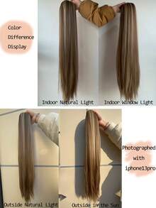 Ponytail Extensions Drawstring Long Straight Fake Pony Tail Natural Soft Clip In Hair Extension Synthetic Heat Resistant Hairpiece - Ash Brown Mix Blonde Highlights