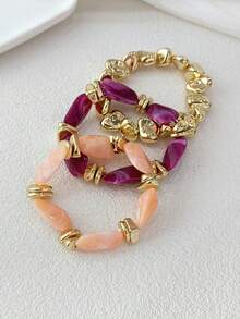 LADYCOCO 3pcs Vintage Thick Chunky Acrylic Beaded Multilayer Bracelet, Transformable Gold Chip Bracelet, Suitable For Women, Couples, Party, Daily Wear - Multicolor 28 - View 4