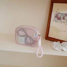 1 Pc Mesh Makeup Bag, High Appearance Level, Dopamine Pearl Zipper, Large-Capacity Storage Bag
