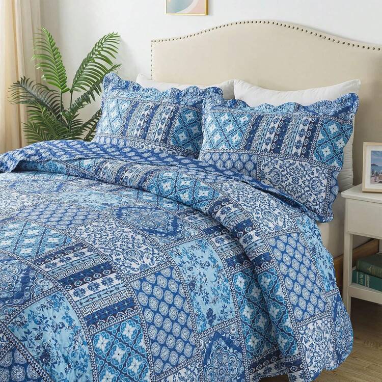 Twin Quilt Bedding Set - Lightweight Bedspreads, 2-Piece Microfiber Reversible Coverlets, Retro Bed Cover, Twin Size All Season Quilts - Grey - 藍色復古 - 查看 10