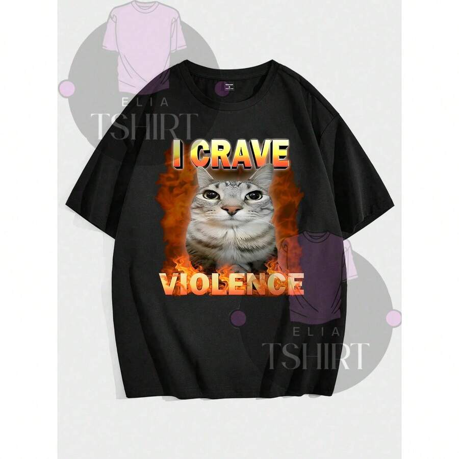 Streetwear T-Shirt I Crave Violence Cat Cat Street Urban Culture Street Fashion Unisex Men Women 100% Cotton Premium Top Streetwear New Release Immediate Shipping Various Colors!! Plus Size - 黑色 - 查看 1