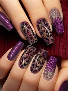 24Pcs Box Set Of Purple Ombre Glitter Gradient Press-On Nails For Ballet Shape, Middle Length, Mixed Color System, Glossy Finish, Perfect For Spring And Summer Parties Nail Supplies Nails - 彩色 - 查看 2