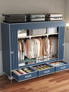 1 Piece Large Capacity Portable Wardrobe, Modern Minimalist Style, Solid Color Fabric Cover, Easy Assembly Clothing Organizer, Design With Separate Hanging Area And Storage Drawers, Steel Frame Structure, Suitable For Home, Bedroom, Apartment, Room Storage Furniture - Multicolor - View 4