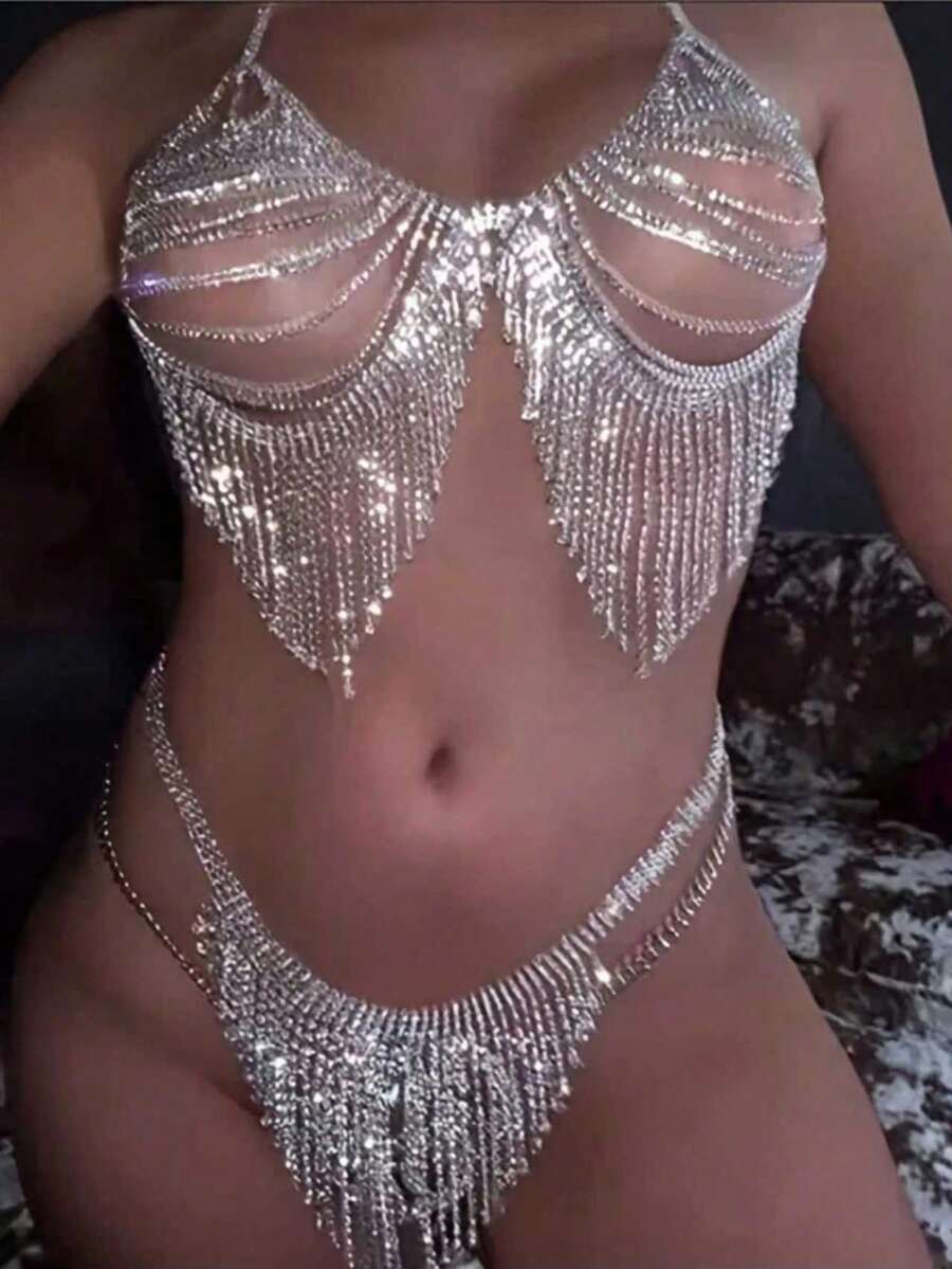 时尚多层流苏水钻性感身体链内衣套装，夜总会配饰 - 彩色 - 查看 1