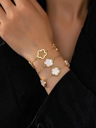 Set de 3 piezas de pulseras elegantes y de lujo de alta gama con cadena clásica dorada y blanca hueca, adecuadas para mujeres, flexibles para combinar y superponer