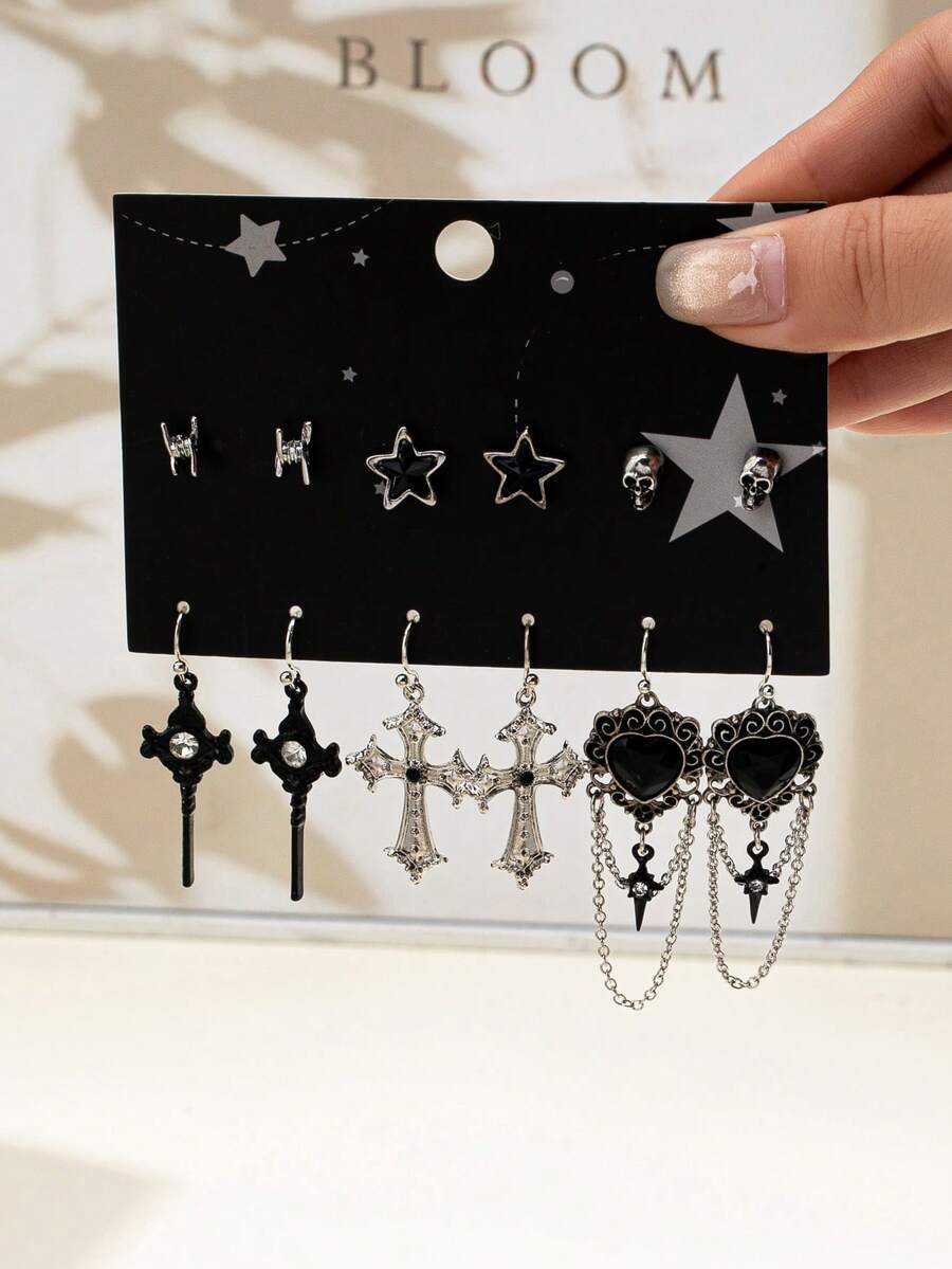 6 Pairs Gothic Demon Eye, Star, Skull, Cross, Heart Tassel Earrings Set, Versatile Design For Party, Halloween