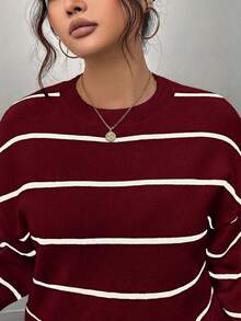 Plus Size Casual Color Block Striped Ribbed Crew Neck Sweater Dress, Autumn/Winter - Red - View 7