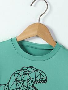 Set de 2 piezas para niños pequeños: Camisa de cuello redondo de manga larga con estampado de dinosaurios y pantalones holgados con cordón, apropiado para uso diario, viajes, fiestas de cumpleaños, regalo