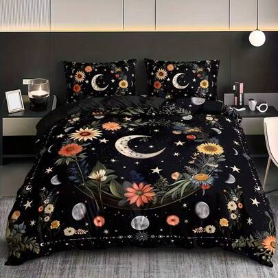 3pcs Bedding Set With Dark Night Moon & Star Pattern, Includes 1 Duvet Cover And 2 Pillow Shams (Comforter Not Included), Suitable For Bedroom And Guest Room, Available In Multiple Sizes, 100% Polyester Fabric, Machine Washable