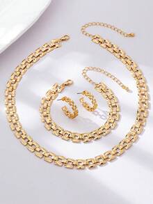 1pc Fashion 3D Geometric Watch Chain Necklace, 1pc Geometric Watch Chain Bracelet, 1 Pair Alloy Geometric Watch Chain Earrings