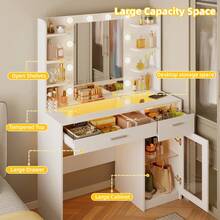 Tomnk 2 Sizes Vanity Desk With Mirror And Lights, Makeup Vanity Desk With Lights 3 Colors, Transparent Top Vanity With 2 RGB Drawers, 6 Shelves, Large Tempered Cabinet, Power Outlet, For Bedroom, White, Christmas Gift (The Light Strip Is Powered By USB) - 查看 8