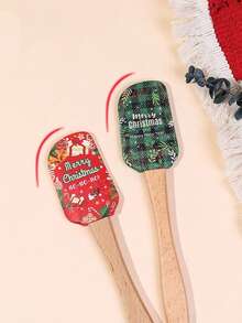 1 pieza Rasqueta de silicona navideña, Juego de rasquetas navideñas, Herramienta de cocina navideña, Con mango de madera, Rasqueta para decorar pasteles navideños, Para cocinar, hornear, mezclar crema de mantequilla - Multicolor - Ver 6